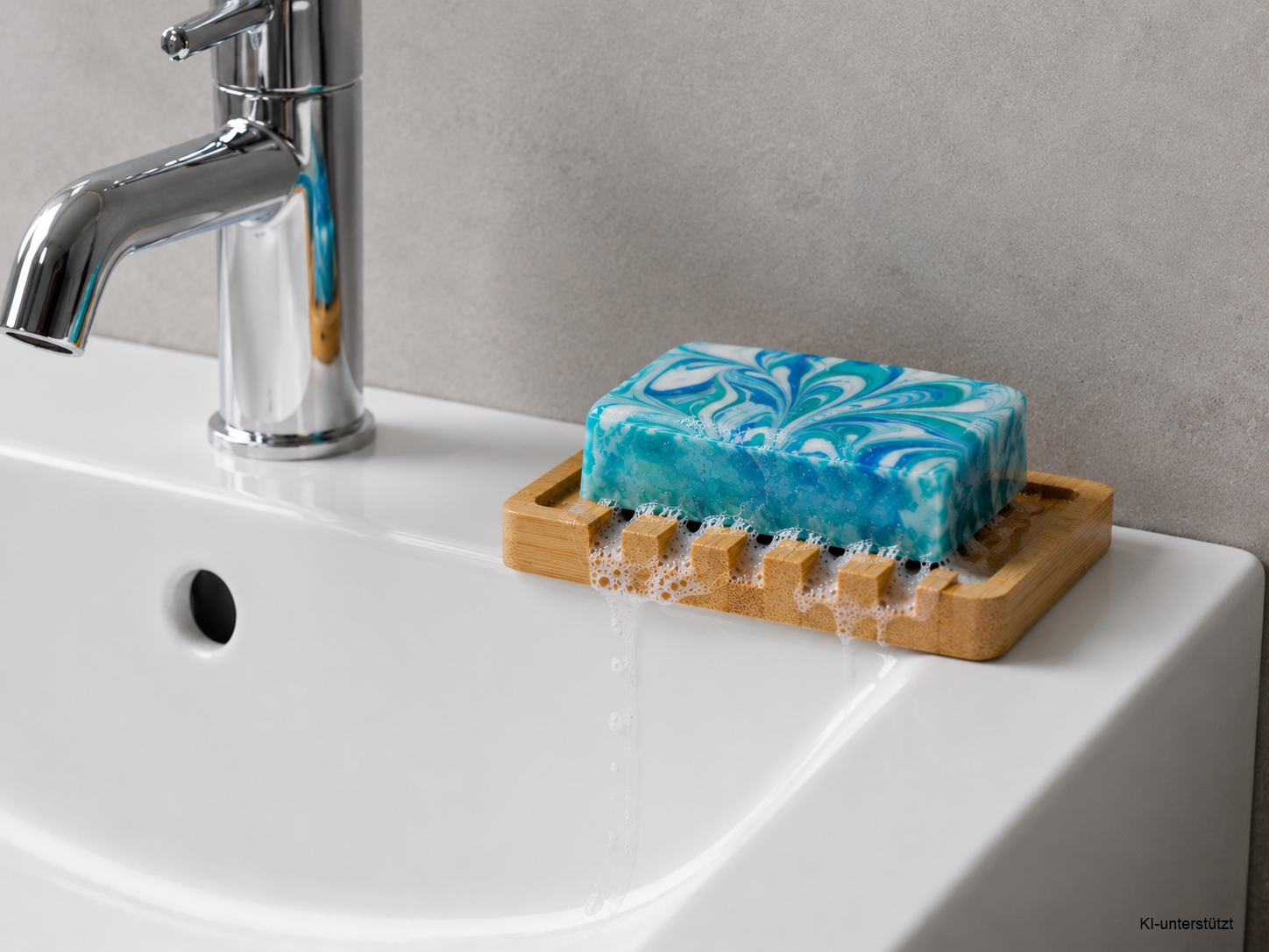 Eine rechteckige Bambus-Seifenschale mit einer blauen Seife darin abgelegt.