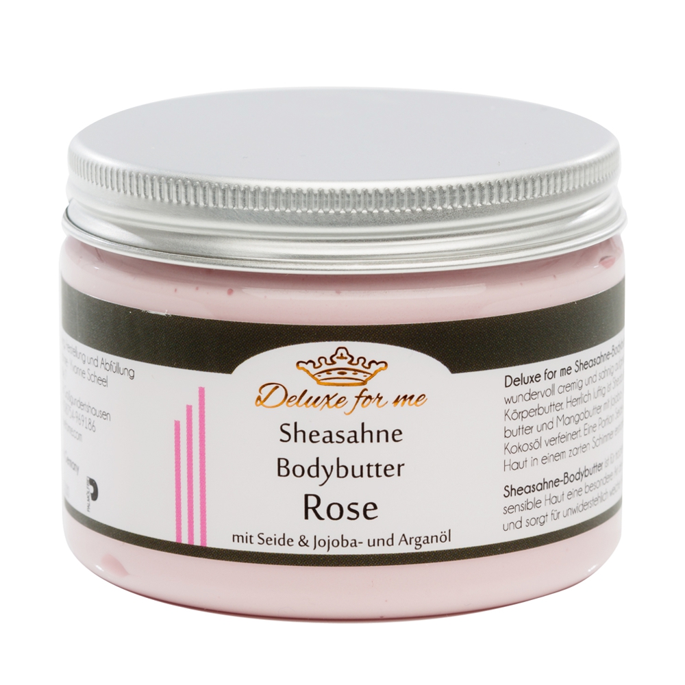 Bodybutter Rose Ein ansprechender Tiegel mit Aluverschluss und edlem braun weißem Etikett. Darin enthalten ist die Bodybutter zum Eincremen.