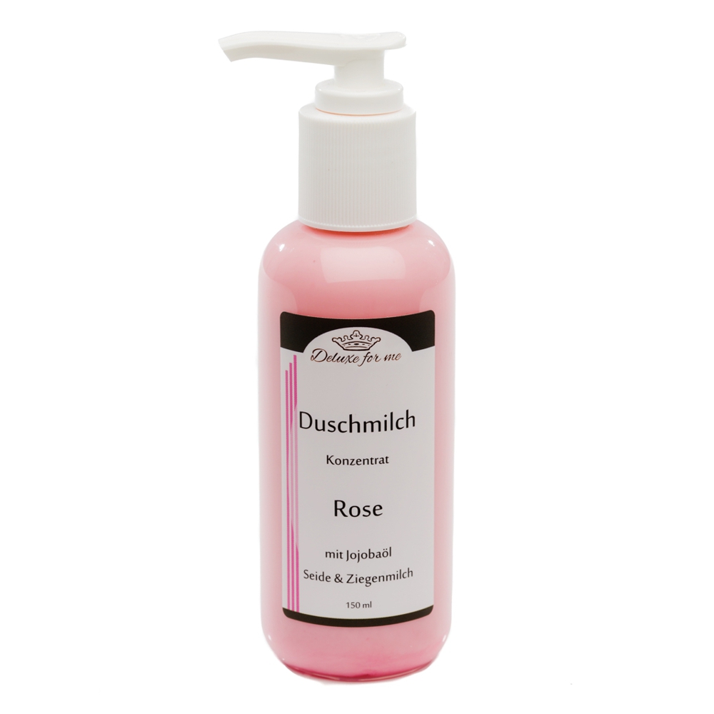 Duschmilch Rose Ein ansprechende Pumpflasche mit edlem braun weißem Etikett. Darin enthalten ist Duschmilch Konzentrat zum Einschäumen. Duft: Rose