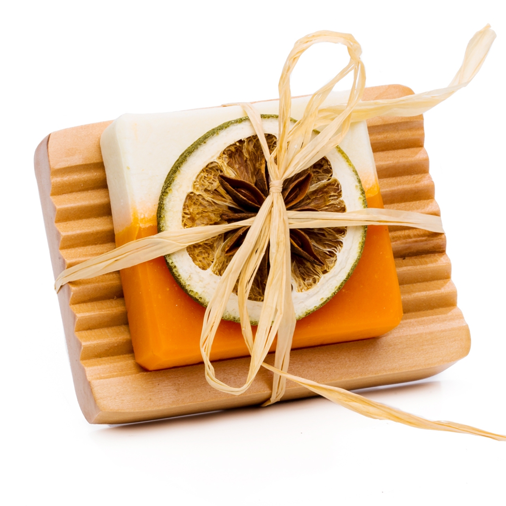 Apfel – Zimt – Orangen Seife mit Holzseifenschale