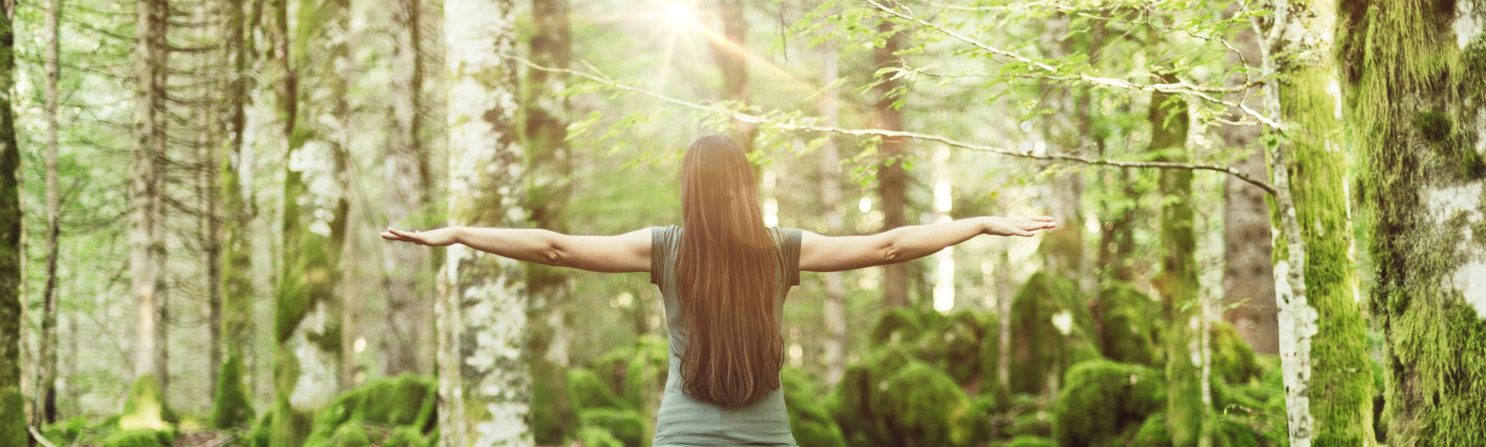 Frau im Wald Eine Frau breitet ihre Arme in einem Wald aus, umgeben von Bäumen.