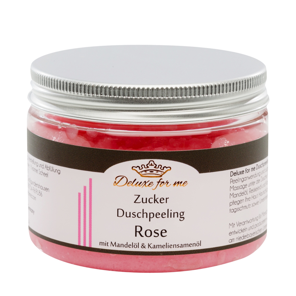 Zucker Duschpeeling Rose Ein ansprechender Tiegel mit Aluverschluss und edlem braun weißem Etikett. Darin enthalten ist ein rosafarbenes Zucker Duschpeeling im Duft Rose.